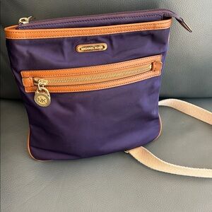 MICHAEL KORS CROSSBODY, Kempton Dark Purple Nylon, Brown Leather Trim